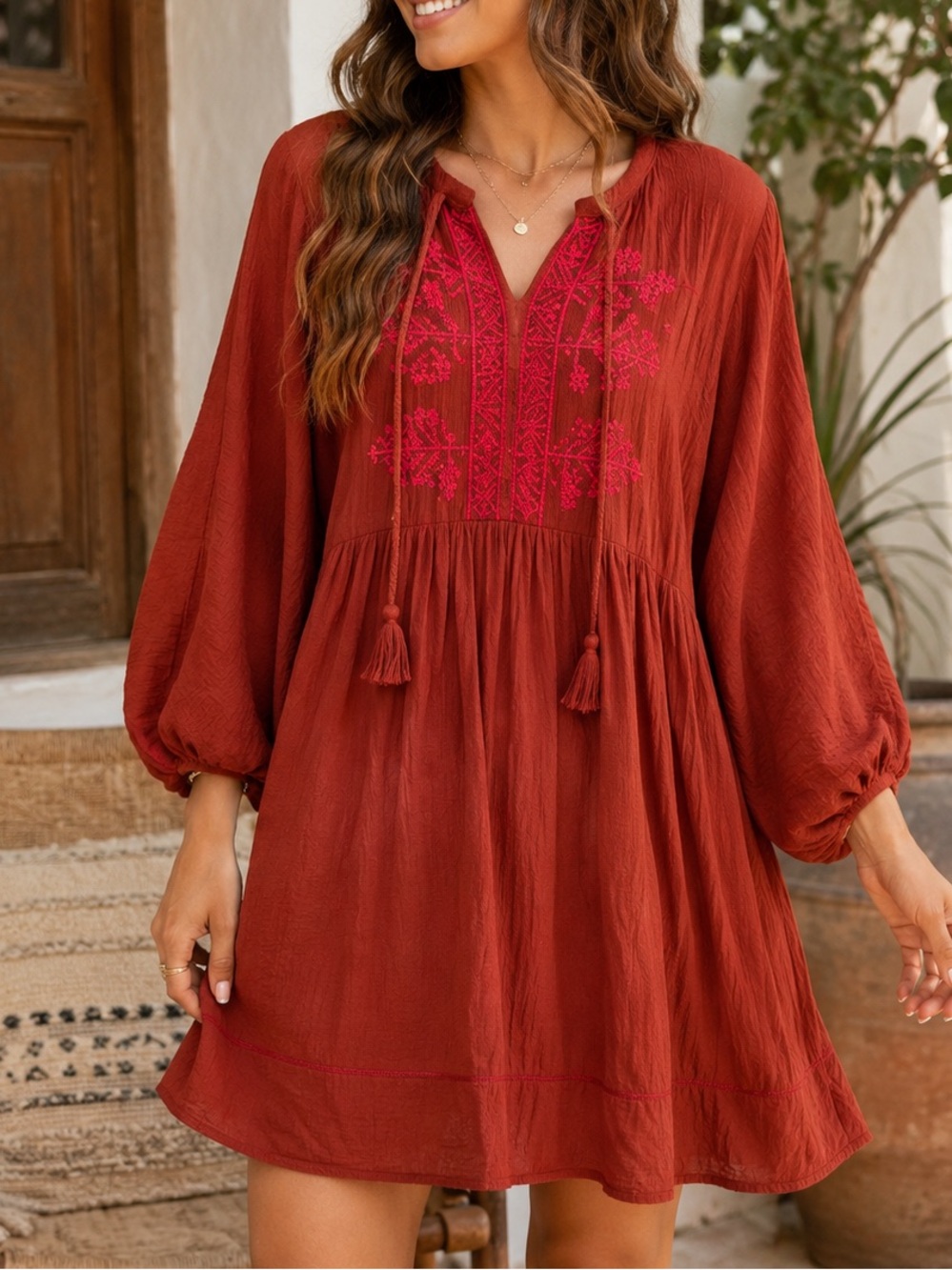 🌿 Knox Rose Embroidered Red Rust Boho Peasant Dress 🌿